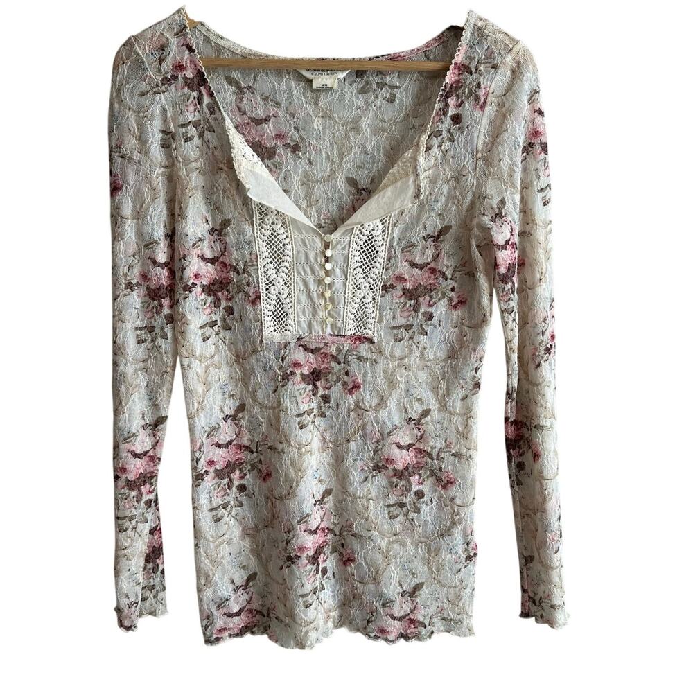 Ralph Lauren Denim & Supply Y2K Sheer Floral Mesh Lettuce Hem Henley Blouse M